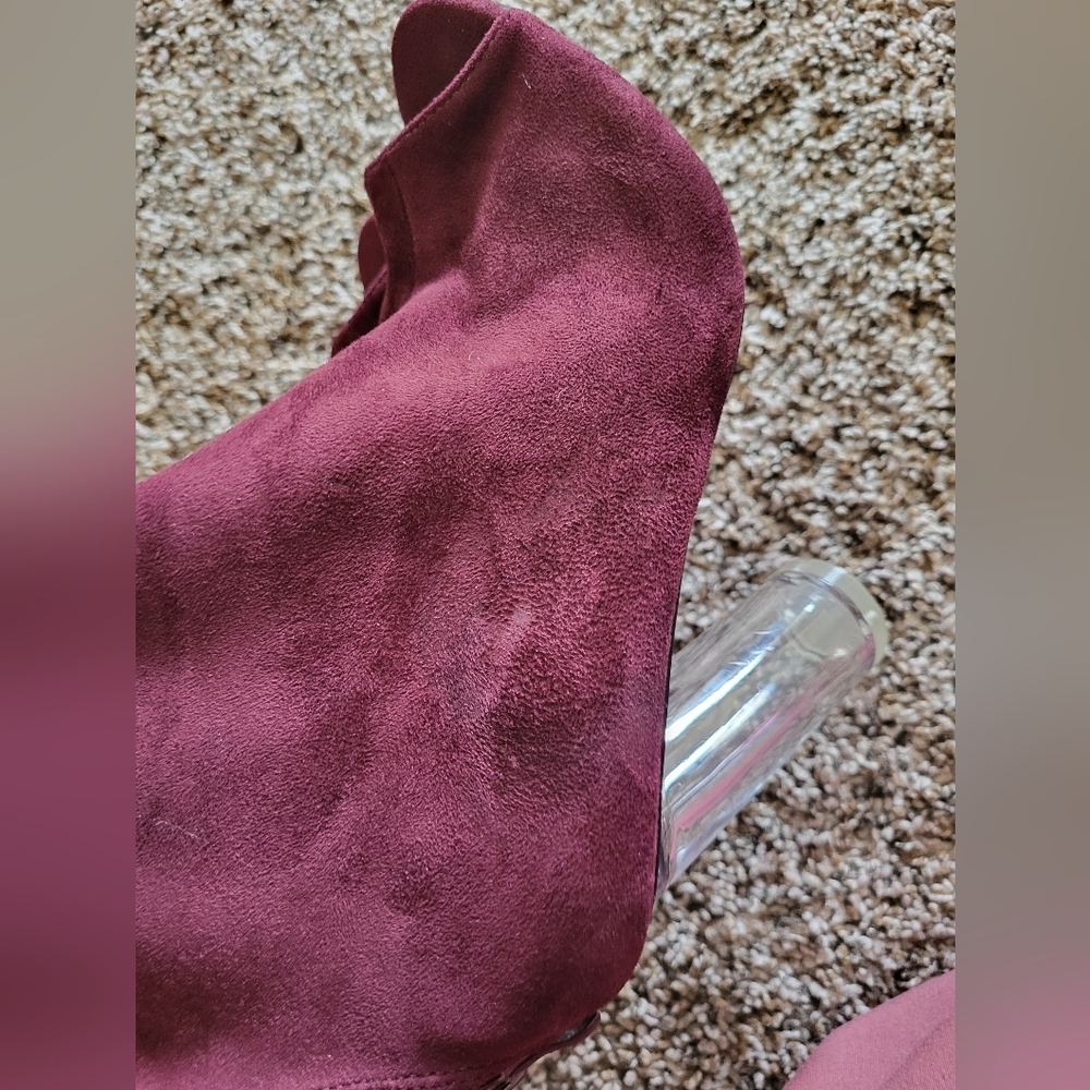 Maroon shoes with clear heels